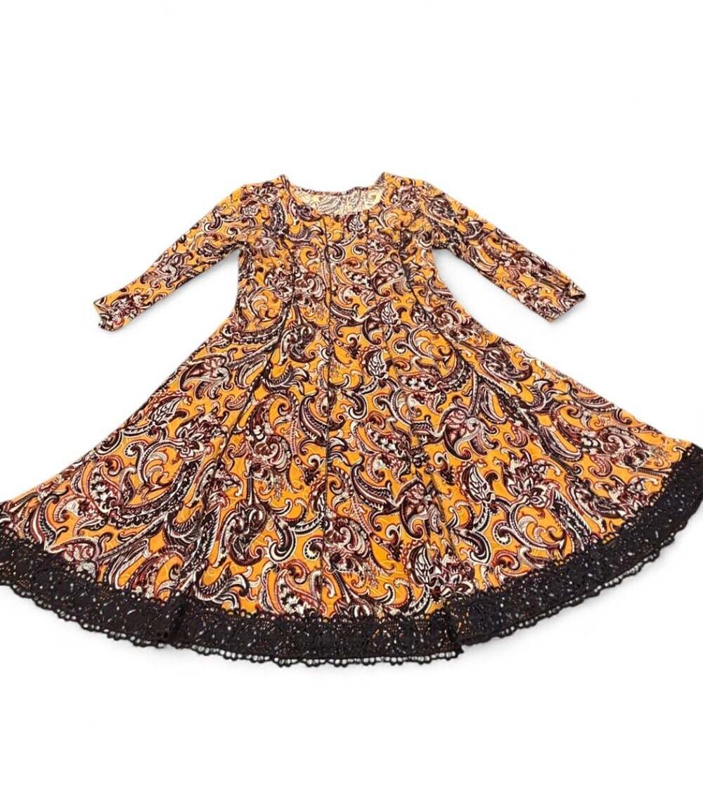Boho Floral Paisley Print Long Sleeve Dress with Lace Hem